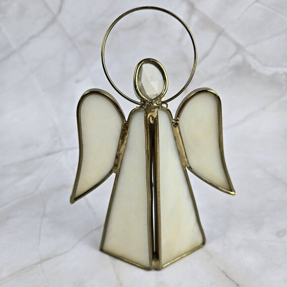 Vintage Stained Glass Angel White With Gold Holding Three Flowers Slag Glass - Picture 6 of 10